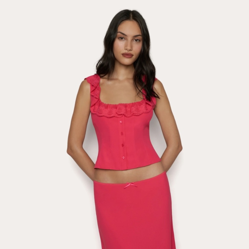 GUIZIO Paloma Lace Top Fatale Pink XS NWT Crepe Button Blouse Flared Hem